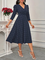 2026 New Valentine's Day/New Year Party/Suitable for Daily Work Wear/Suitable for All Seasons Elegant Fashion Versatile Daily Date V-Neck 3/4 Sleeve Waist Flared Long Red and Blue Women's Elegant Dress, Women's Polka Dot Small Heart Print Dress - Multicolor