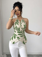Women'S Casual Vest, Plant Print Cross Back Tie Off-Shoulder Vest, Suitable for Shopping, Vacation, Beach, Travel, Casual Wear - Green