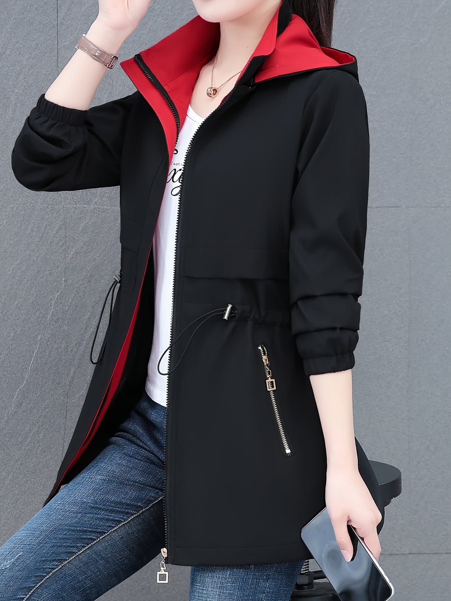 Mid-Length Women'S Casual Trench Coat Jacket with Drawstring Waist Tie, Zippered Pockets, Removable Hood - Black