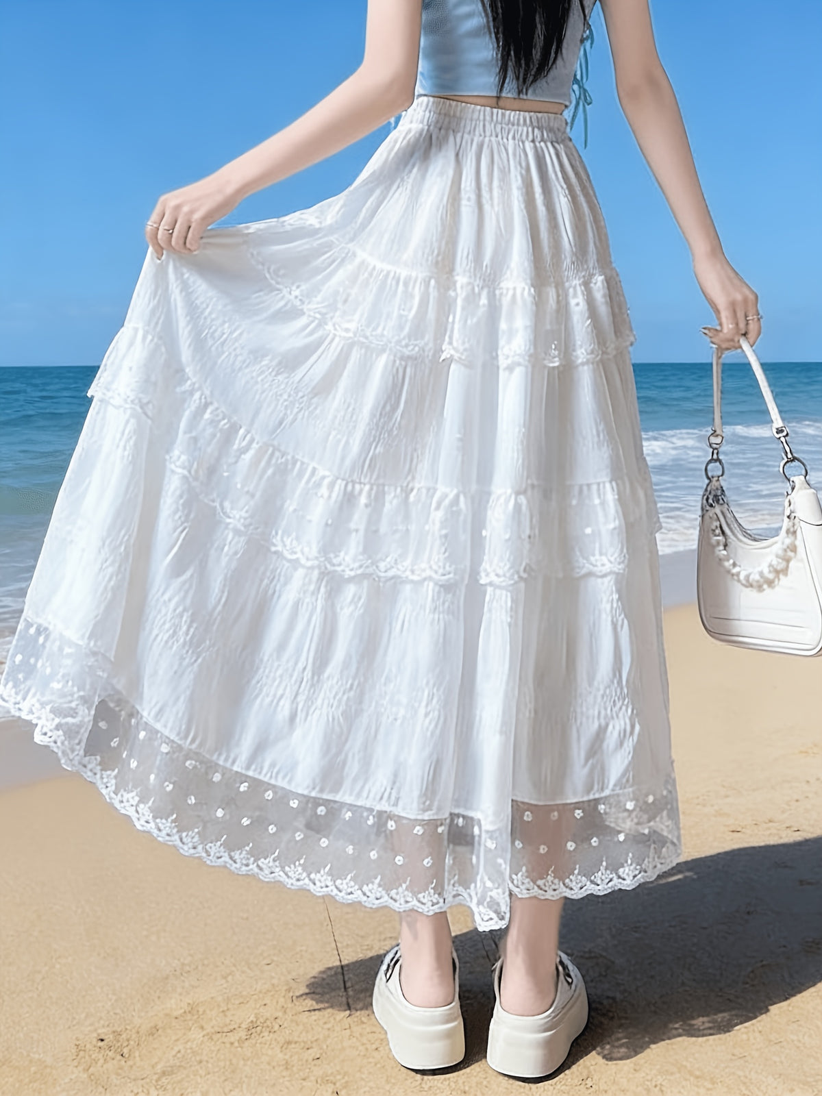 White Lace Trim Cake Skirt High-Waist French-Style A-Line Skirt Long Skirt New Spring/Summer Collection - White