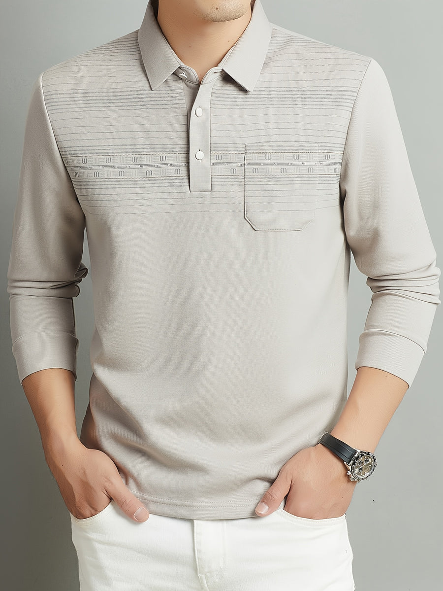 Middle-Aged Men'S Long Sleeve Polo Shirt Spring Autumn Business Casual Lapel Striped with Pocket Top - Beige gray