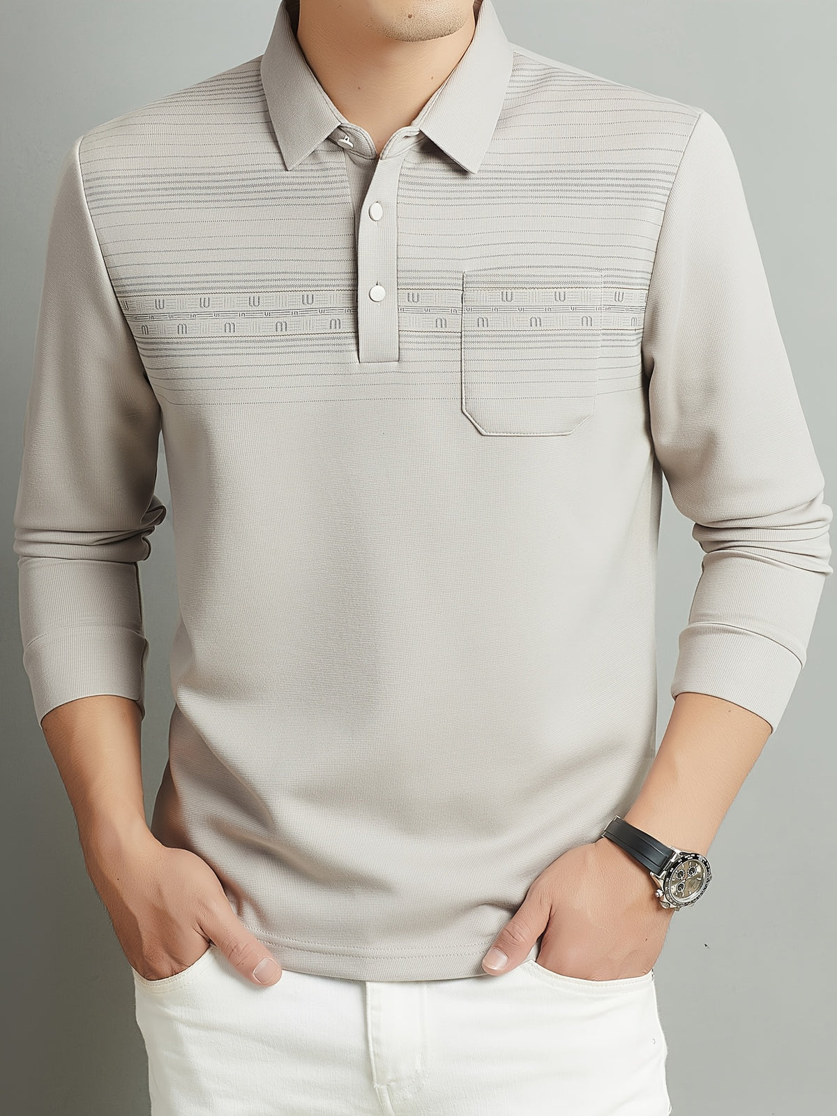 Middle-Aged Men'S Long Sleeve Polo Shirt Spring Autumn Business Casual Lapel Striped with Pocket Top - Beige gray