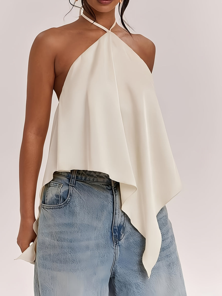 Women's Casual Vacation Backless Asymmetric Hem Solid Color Satin Camisole, Suitable for Beach Vacations, Beach Leisure, Casual Getaways, and Other Occasions, an Elegant Camisole. - Apricot