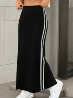 Women'S Fashion Solid Color Stretch High-Waist Back Slit Long Skirt A-Line Silhouette with Elastic Waistband - Black