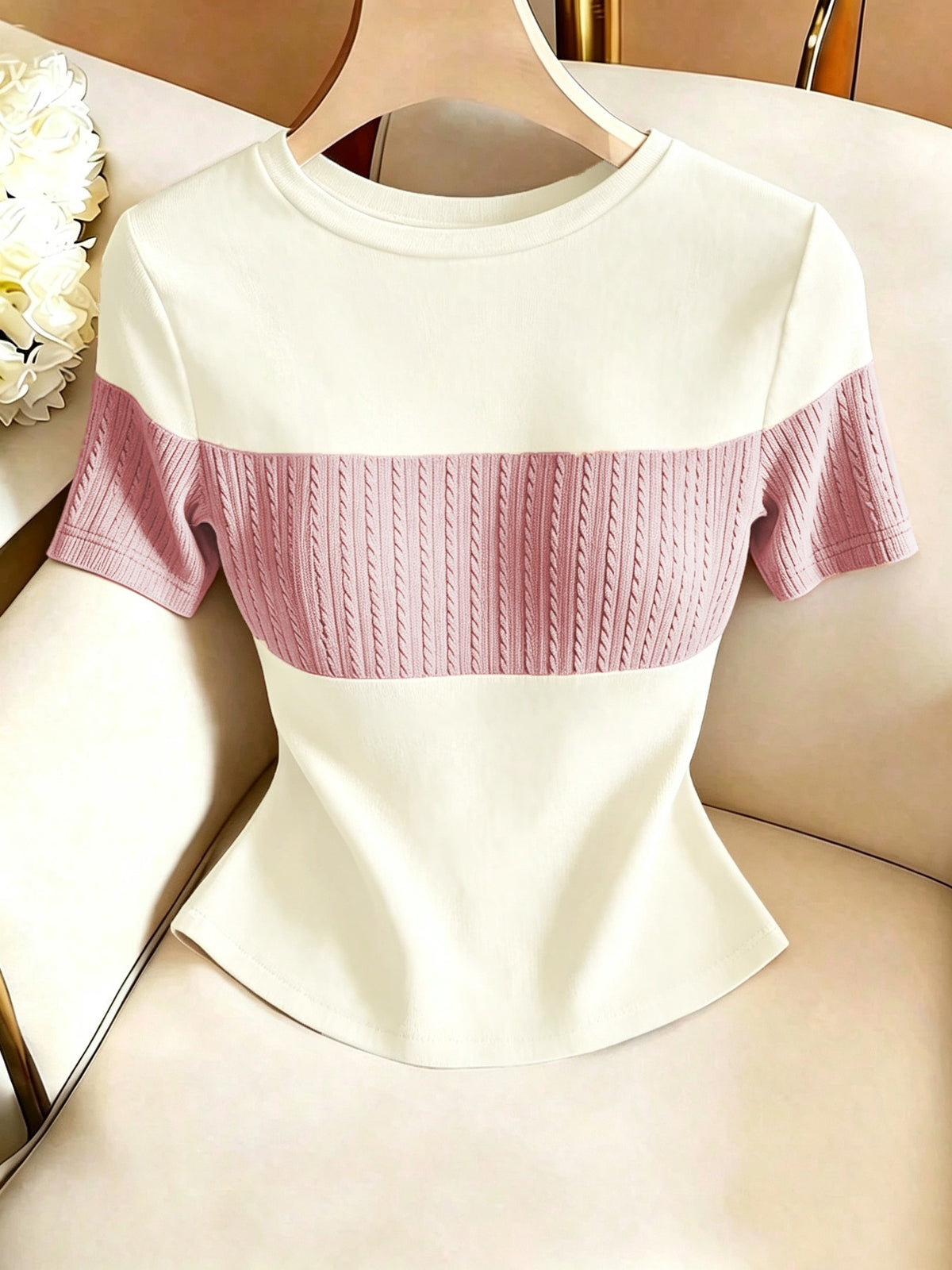 Women'S Casual Muscle Texture Patchwork T-Shirt - Apricot