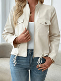 Women'S Lightweight Stand-Collar Jacket – Fashionable Zippered Bomber with Decorative Front Pockets And Adjustable Drawstring Hem, Ideal Casual Street Style Outerwear for Spring And Autumn - Khaki