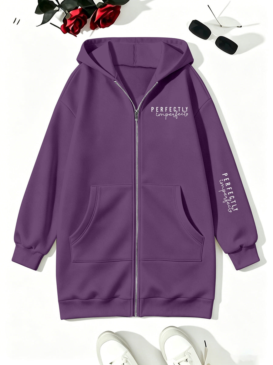 Loose-fit Mid-length Cardigan Hooded Sweatshirt with Letter Print - Purple