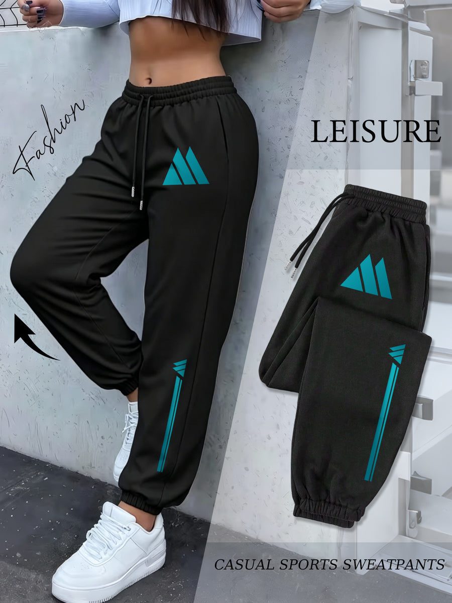 Turquoise Blue Mountain Triangle Geometric Vertical Stripe Print Ankle-Cinching Joggers Women'S High-Waist Drawstring Loose Outdoor Casual Trousers - Black