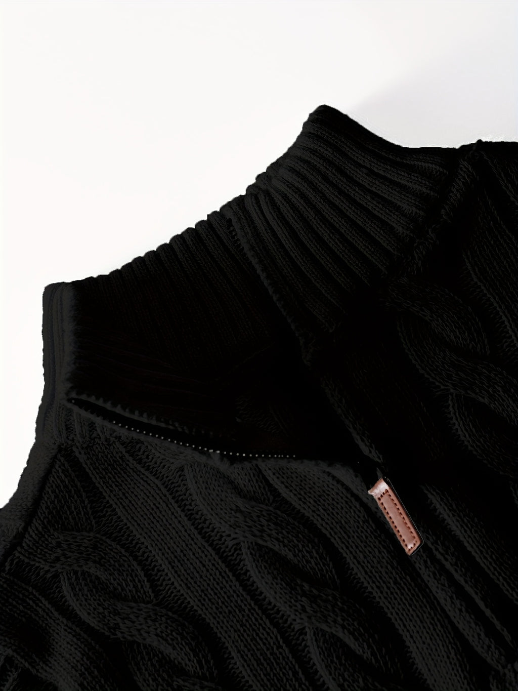 Men's Fashion High-Neck Zipper Twist Knit Sweater, Solid Color Versatile Pullover, Soft Medium-Stretch Fabric, Suitable for Autumn/Winter Office, Date Night, Casual Wear, Ideal as a Gift - Black