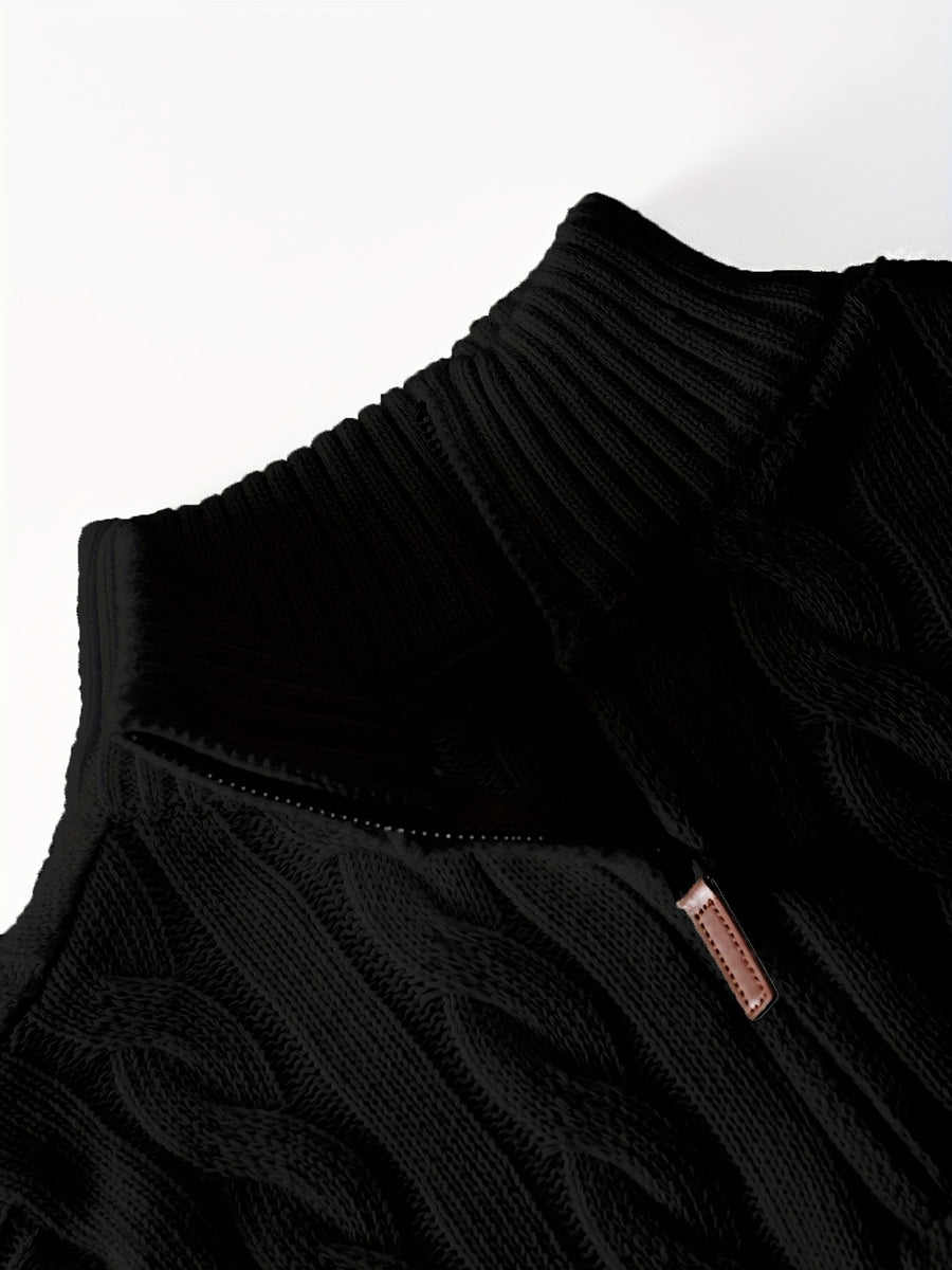 Men's Fashion High-Neck Zipper Twist Knit Sweater, Solid Color Versatile Pullover, Soft Medium-Stretch Fabric, Suitable for Autumn/Winter Office, Date Night, Casual Wear, Ideal as a Gift - Black