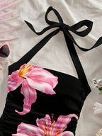 Women'S Fashion Casual Floral Black Fitted Short Tank Top with a Neck Tie, Perfect for Summer Vacations - Black