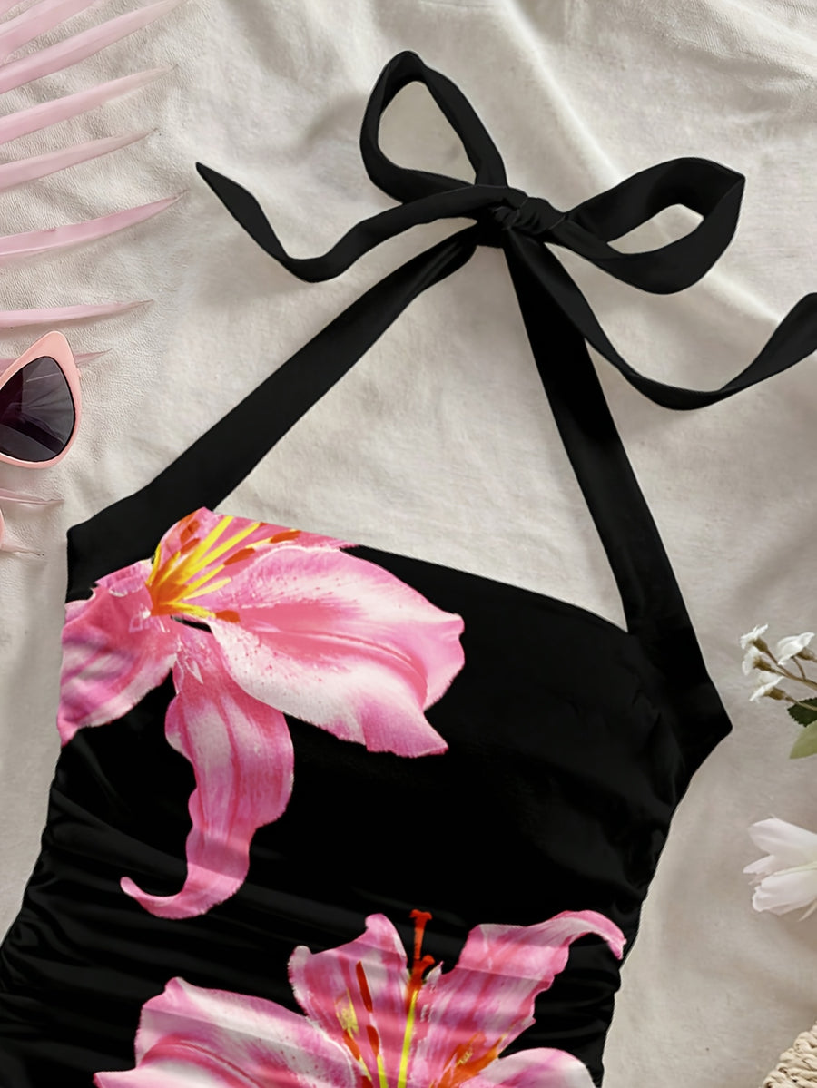 Women'S Fashion Casual Floral Black Fitted Short Tank Top with a Neck Tie, Perfect for Summer Vacations - Black