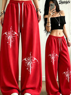 Women'S All-Season Long Pants, Back-To- Trendy Playful Dark Cross Angel Swordsman Fashion Pattern Element Themed Print Casual Trousers, Elastic Waist Drawstring Design, Daily Commute/Campus/Casual Outing Versatile Style - Red
