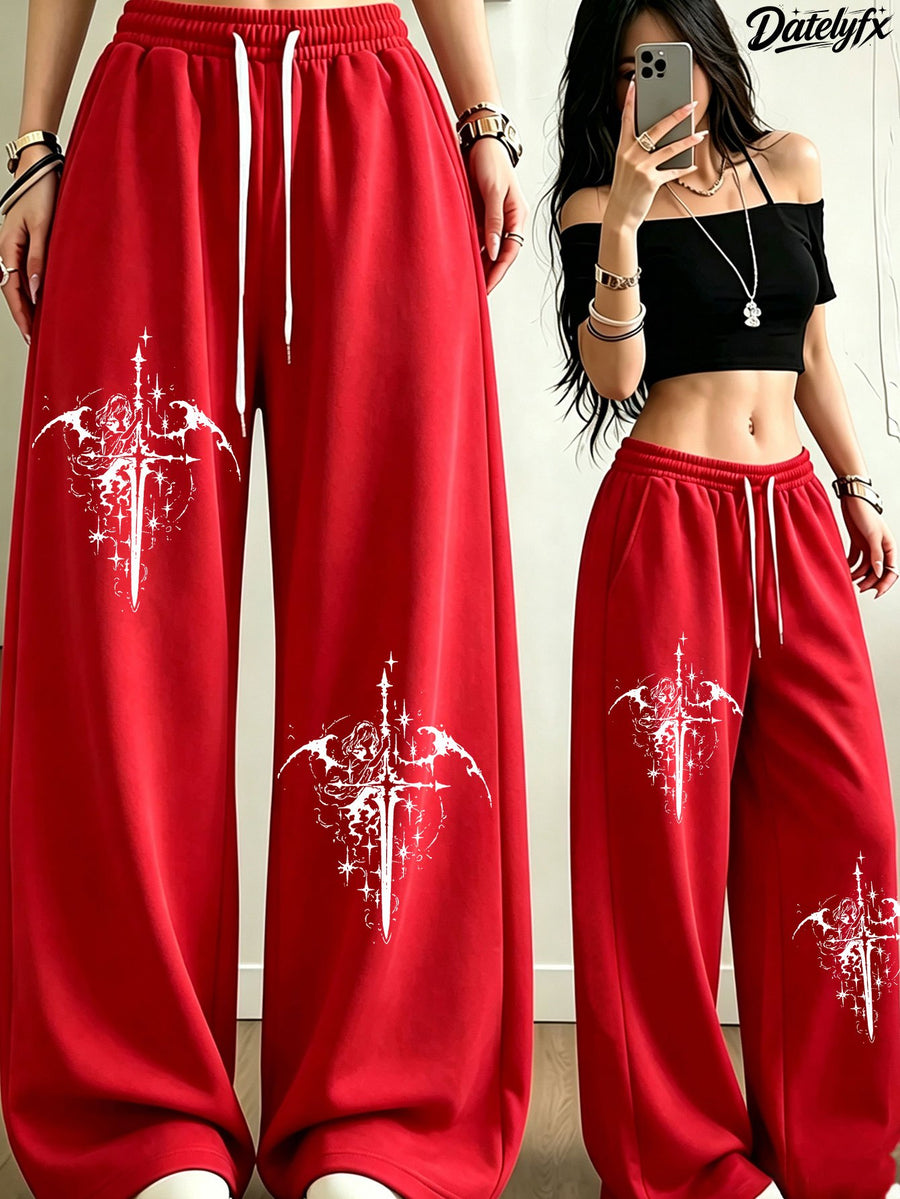 Women'S All-Season Long Pants, Back-To- Trendy Playful Dark Cross Angel Swordsman Fashion Pattern Element Themed Print Casual Trousers, Elastic Waist Drawstring Design, Daily Commute/Campus/Casual Outing Versatile Style - Red