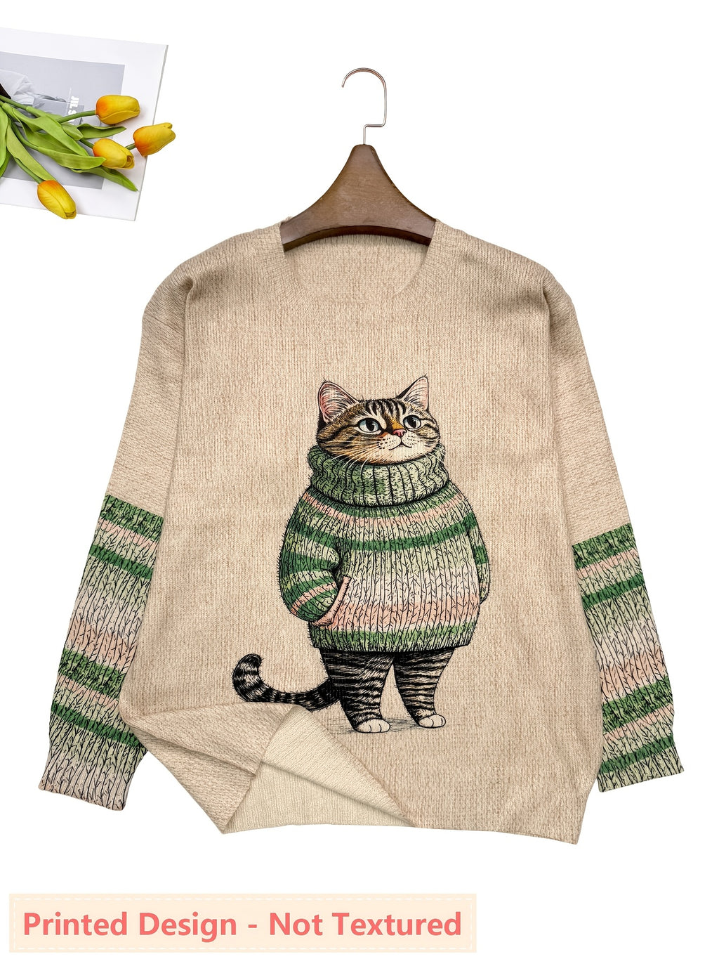 Plus Size - Plus Size - Plus Size Women'S for All Over Printed Long Sleeve Universal Crew Neck Lightweight Sweater, Trendy Wear, Cat Pattern, Perfect for Casual Elegance Style Outfits - Suitable for All Seasons - Green