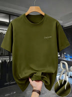 Casual Minimalist Style, Men's T-Shirt, Small Embroidered Letter Design, Summer Daily Wear, Gift for Boyfriend Or Husband - Military Green