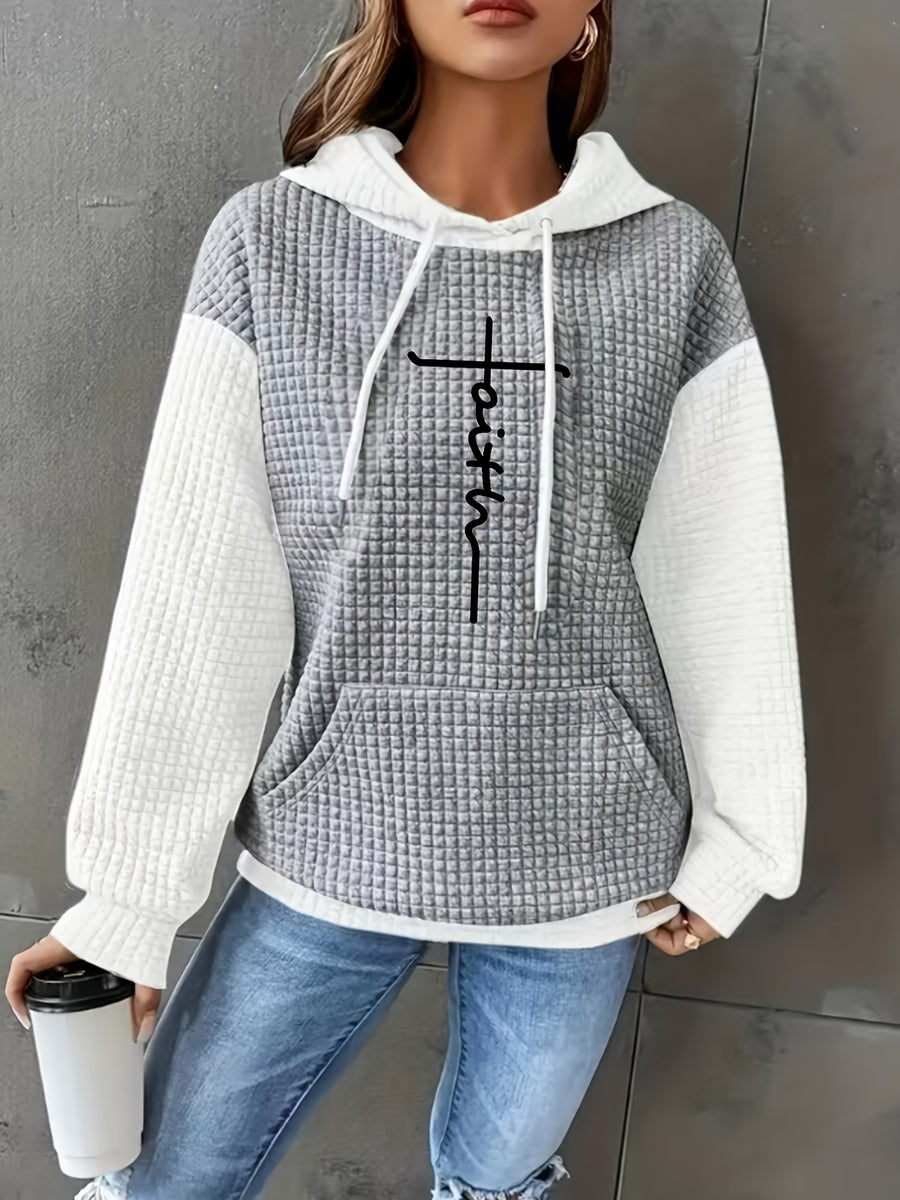 Women's Casual Oversized Hoodie with Checkered Texture & Letter Print, Kangaroo Pocket, Long Sleeve Loose Fit Sweatshirt for Fall Winter, Machine Washable, Fall Fashion, Relaxed Style, Comfortable Texture, Print Sweatshirt, Cozy Wear - Light Grey