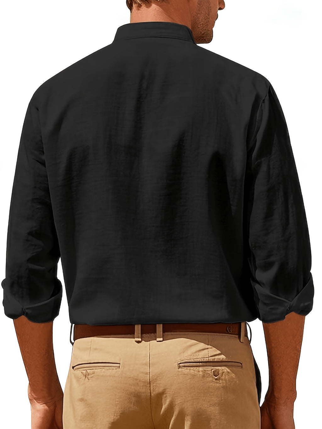 Spring New Men'S Linen Mandarin Collar Long Sleeve Shirt, Neo-Chinese Minimalist Style, Breathable Linen Fabric, Versatile Business Casual, Great Gift for Elders And Boyfriends, 1pc. Gift Box And Props Are for Decorative Purposes Solely - Black