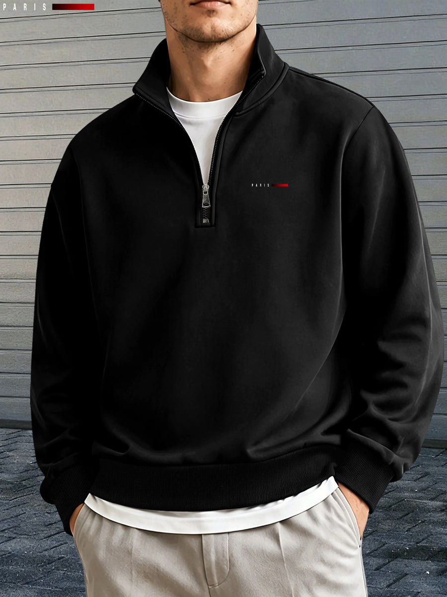 Men's Fashion Half-Zip Stand Collar Sweatshirt, Simple Red and Black Striped Logo Pattern, Autumn/Winter Casual Comfortable Versatile Sport Sweatshirt - Black
