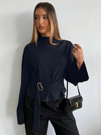 Women's Flared Sleeve Blouse, Suitable for Daily Business Commutes and Office Wear, Solid Color Shirt with Metal Buttons, Basic Top, Vintage Style, Elegant Women's Blouse - Navy Color