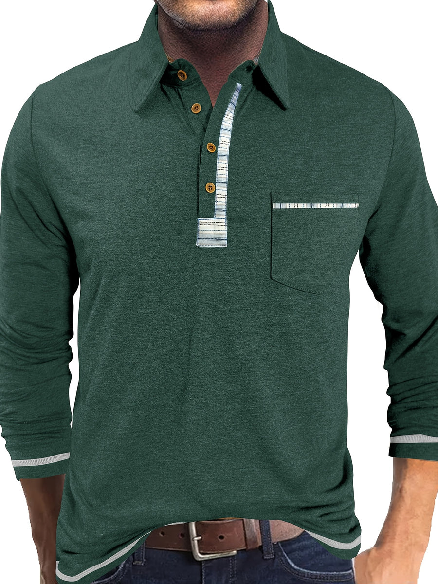Men'S Retro Trendy Fashion Lapel Long Sleeve Polo Shirt, Casual Stylish Pocket Top T-Shirt - Olive Green