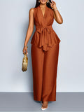 Women's Spring/Summer Elegant Vacation Style Daily Wear Sleeveless Top with Asymmetric Hem + Wide-Leg Pants 2pcs Set, Casual 2pcs Outfit for Wedding Season, Music Festivals, Easter, Western, Bohemian, Nashville Style, Parties, Weddings - Maroon