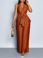 Women's Spring/Summer Elegant Vacation Style Daily Wear Sleeveless Top with Asymmetric Hem + Wide-Leg Pants 2pcs Set, Casual 2pcs Outfit for Wedding Season, Music Festivals, Easter, Western, Bohemian, Nashville Style, Parties, Weddings - Maroon