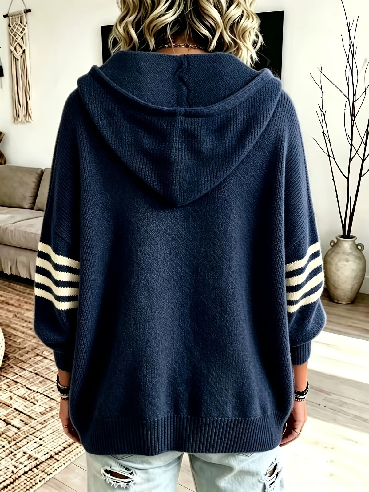 Plus Size - Women'S Casual Hooded Sweater Jacket with Zipper, Loose Fit Women'S Sweater Jacket, Suitable for Women with Beautiful Curves in Autumn And Winter, Suitable for Casual Wear, Commuting, And Cloud-Like Style - Navy Color