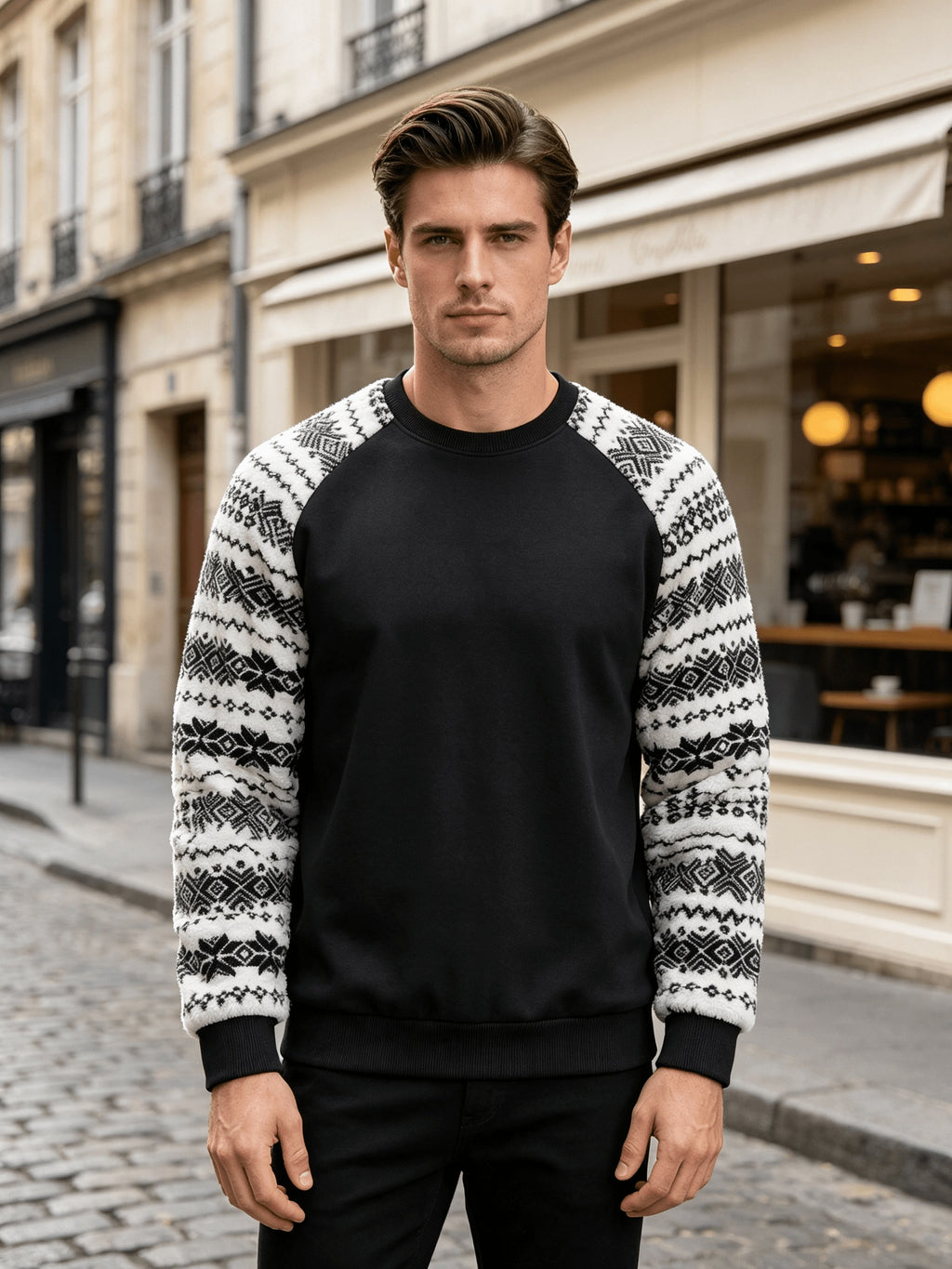 Men's Autumn/Winter Crew Neck Plush Sweatshirt, Raglan Sleeve Plush Sweatshirt, Featuring a Stylish Plush Color Block Patchwork Pattern and Solid Color Design, Made from Wrinkle-resistant Soft Knitted Fabric, It Is Highly Practical - Black