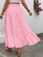 Women's elastic high-waisted ruffle A-line long skirt with drawstring design in Bohemian style. - pink color