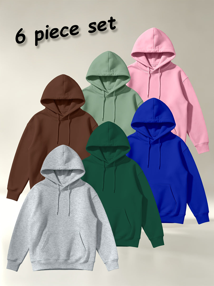 [Villa Joy Water OBM] 6pcs Set Solid Color Basic Hooded Sweatshirt Set Unisex Multi-Color Loose Pullover with Kangaroo Pocket Basic Style Autumn Winter Hoodie Combination - Light Gray + Dark Green + Royal Blue + Brown + Light Green + Pink