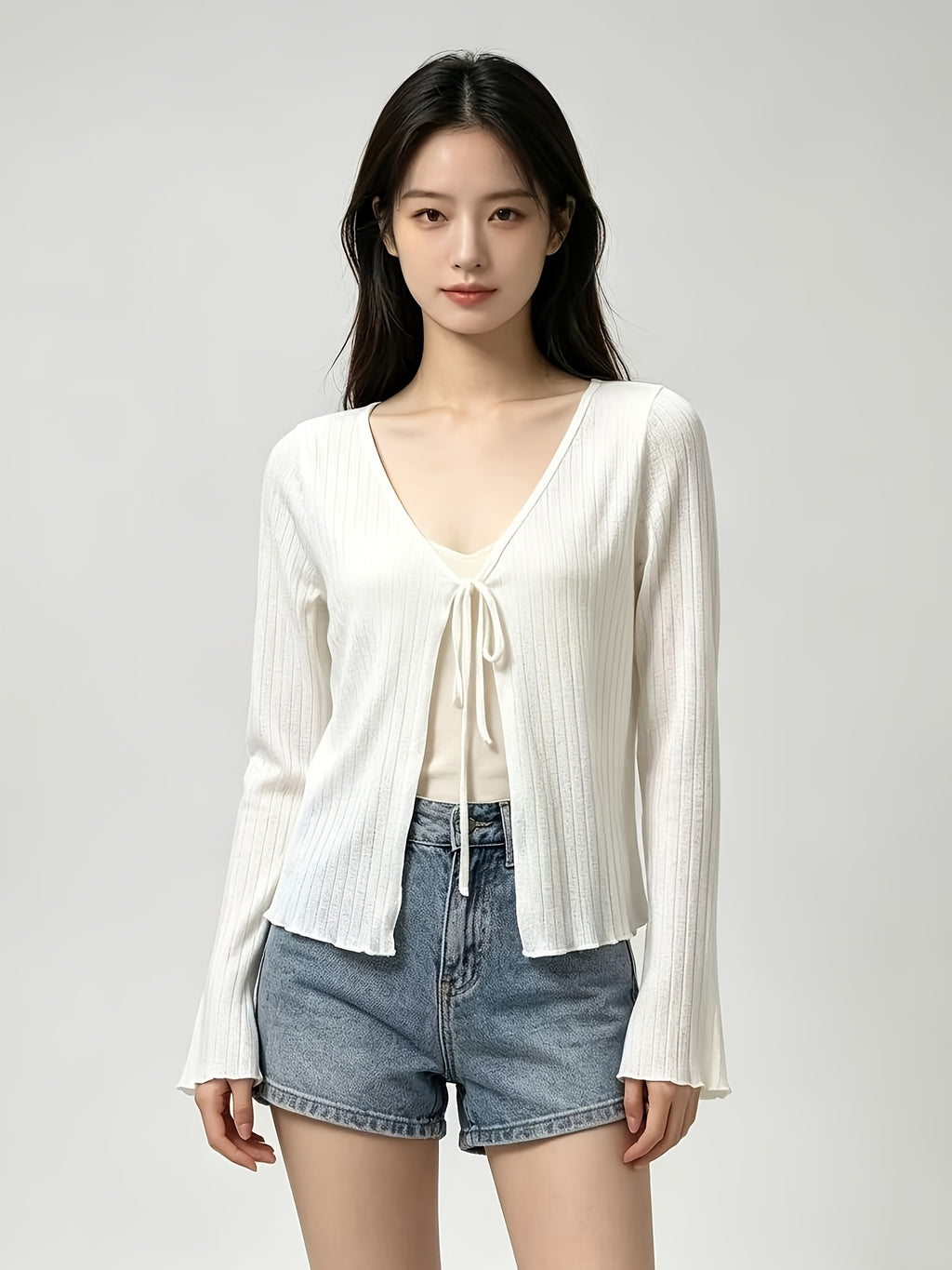 Women'S Thin Cape, Semi-Sheer Long Sleeve Jacket, Neck Tie Convenient Wear, Cuffs And Hem Scalloped Design, Machine Washable, 100%, Office And Casual Wear, Vacation Versatile Style, Elegant - White