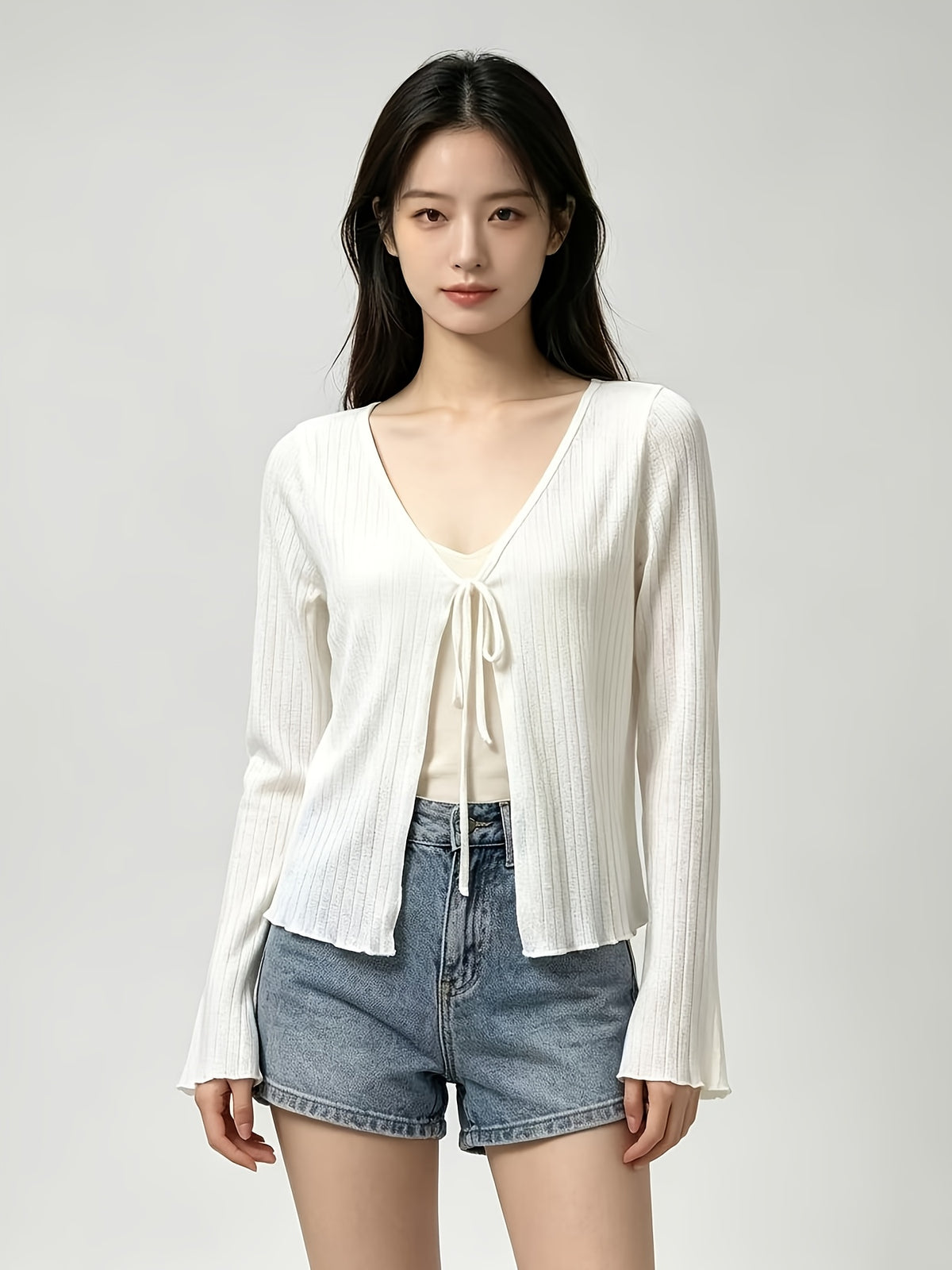 Women'S Thin Cape, Semi-Sheer Long Sleeve Jacket, Neck Tie Convenient Wear, Cuffs And Hem Scalloped Design, Machine Washable, 100%, Office And Casual Wear, Vacation Versatile Style, Elegant - White