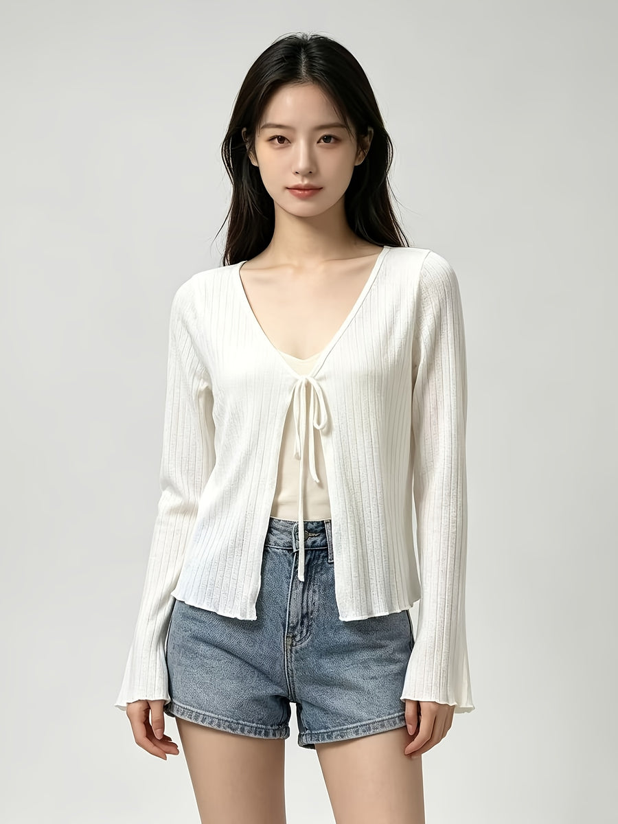 Women'S Thin Cape, Semi-Sheer Long Sleeve Jacket, Neck Tie Convenient Wear, Cuffs And Hem Scalloped Design, Machine Washable, 100%, Office And Casual Wear, Vacation Versatile Style, Elegant - White