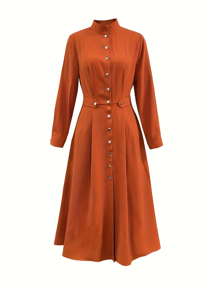 Solid Color Shirt Dress Adorned with Golden Buttons, Suitable for Both Work And Casual Wear - Orange