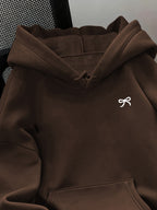 Women'S Fashion Classic Cute Bowknot Pattern Print Autumn/Winter Warm Lined Sweatshirt Hoodie Women'S Everyday Wear Top Kangaroo Pocket - Coffee Color