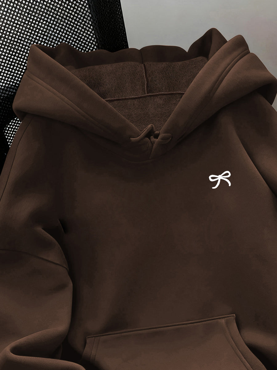 Women'S Fashion Classic Cute Bowknot Pattern Print Autumn/Winter Warm Lined Sweatshirt Hoodie Women'S Everyday Wear Top Kangaroo Pocket - Coffee Color