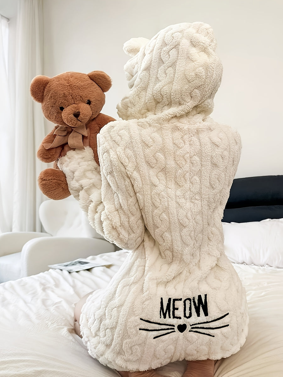 Comfort Animal Plush Cat Whisker Embroidered Winter Pajama Onesie - Off-white