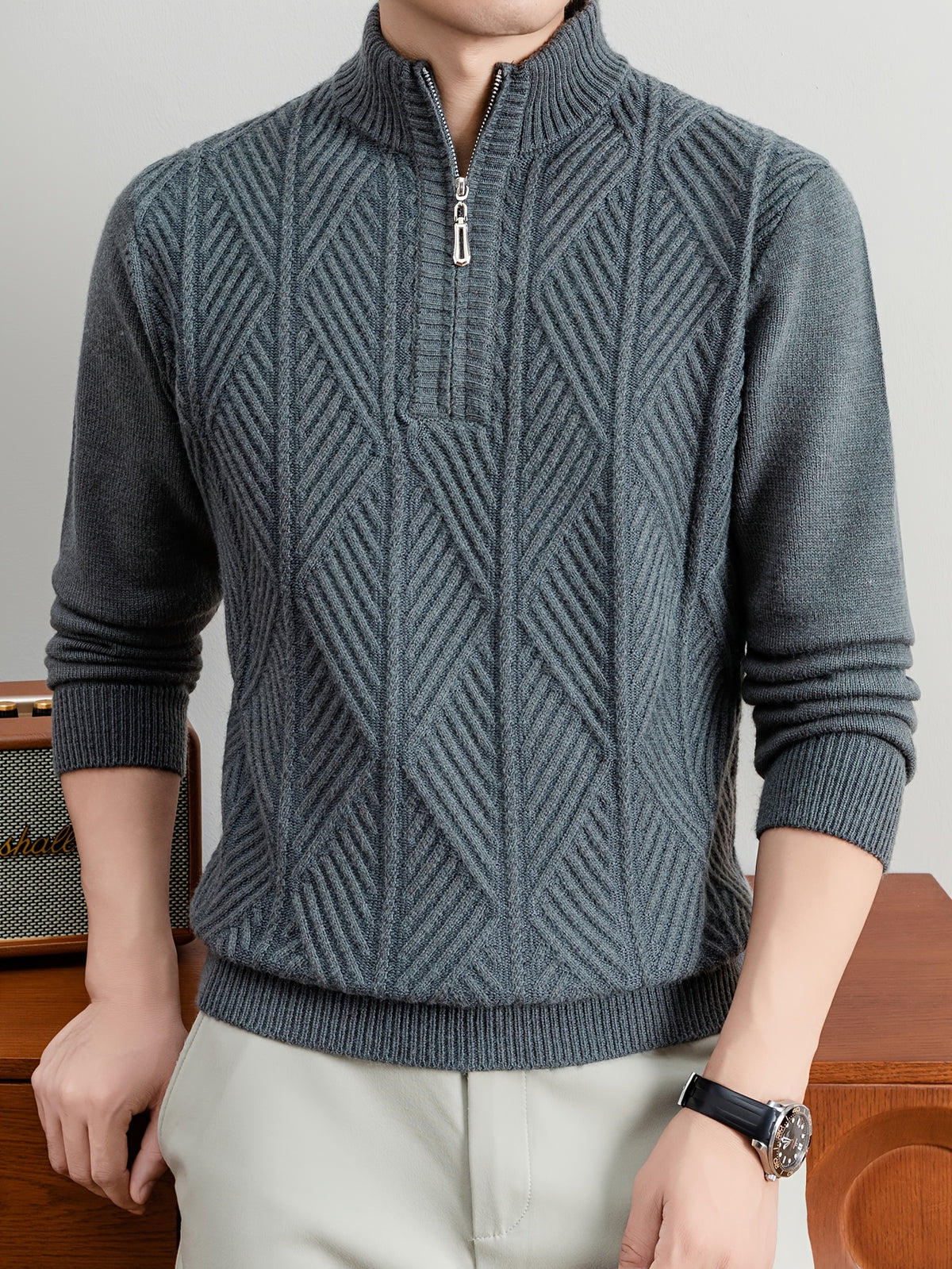 Men's Half-Zip Stand Collar Sweater with Zippered Panel & Striped Jacquard Knit - Warm Winter Pullover, Stretchable Stand Collar Suitable for Casual Office Wear, Layering Top, Hand Washable Regular Fit Blazer Compatible - Blue Grey