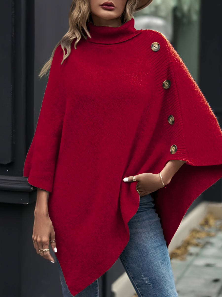 Elegant Special "Slim Fit Bust" 1 Elegant Women's Solid Color High-neck Shawl Pullover, Side Faux Button Decoration, Asymmetrical Design, 100% Polyester, Fashionable and Elegant Vintage Ethnic Style Pullover, Suitable for Spring, Autumn, and Winter - Red