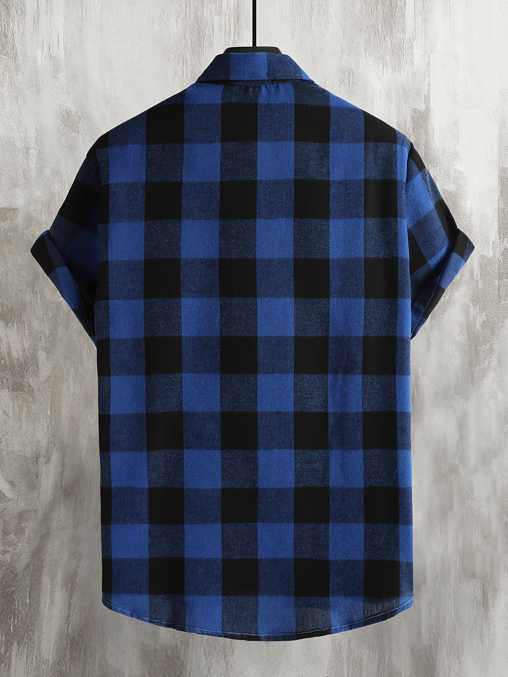 Men's Plaid Flannel Front Open Button-Up Casual Short-Sleeve Shirt, Suitable for Dates or as a Gift for Husband, Plaid Pattern, for Spring and Summer, Regular Fit, Button Design - Blue