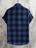 Men's Plaid Flannel Front Open Button-Up Casual Short-Sleeve Shirt, Suitable for Dates or as a Gift for Husband, Plaid Pattern, for Spring and Summer, Regular Fit, Button Design - Blue