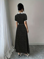Elegant Lace-trimmed Polka Dot Color-block Long Dress with Waist Tie for a Fit - Black