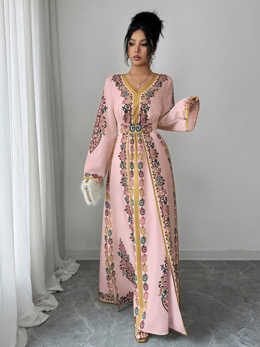 Women'S Summer Autumn Bride, Retro Elegant Dignified Wedding Non- Bohemian Middle Eastern, Printed Design, V-Neck Long Sleeve Batwing Sleeve Loose Flowing Long Wrap Dress, Golden Contrast Design Court Style Dress Suitable for Vacation, Party - Pink