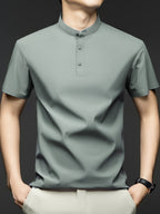 Summer Short-Sleeve T-Shirt for Men, Featuring a Solid Color, Breathable Fabric, And a Small Stand-Up Collar - Bean Green