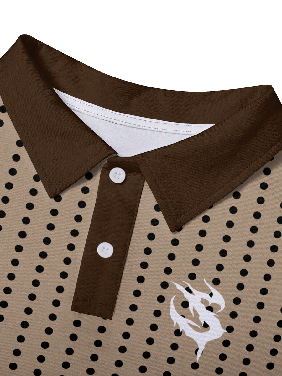 Men'S Retro Casual Long Sleeve Polo Shirt, Khaki Base with Black Polka Dots, Dark Brown Contrast Collar, Body with Brown Diagonal Stripes, Chest with White Totem Small Print, Collar with 2-Button Placket, Fitted Style - Mixed colors