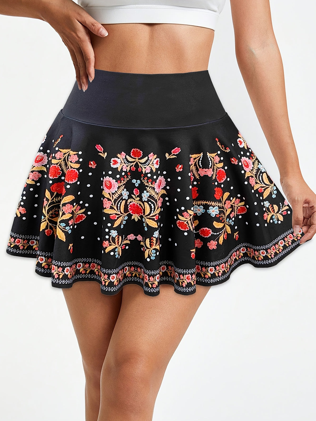 Women's Adult Fashion Summer Y Style Training Outfit Wear Floral Print Skort with Phone Pocket - Black