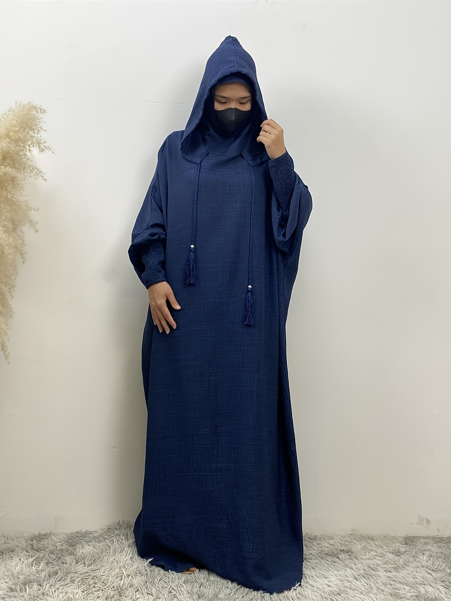 Fashionable Muslim Batwing Sleeve Hooded Abaya Casual Hooded Dress - Royal Blue