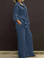 Elegant Women's Casual Cardigan Solid Color Shirt and Pants Set - Vibrant Blue