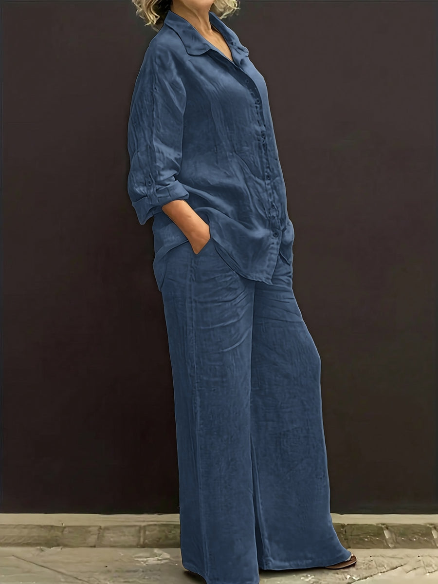 Elegant Women's Casual Cardigan Solid Color Shirt and Pants Set - Vibrant Blue